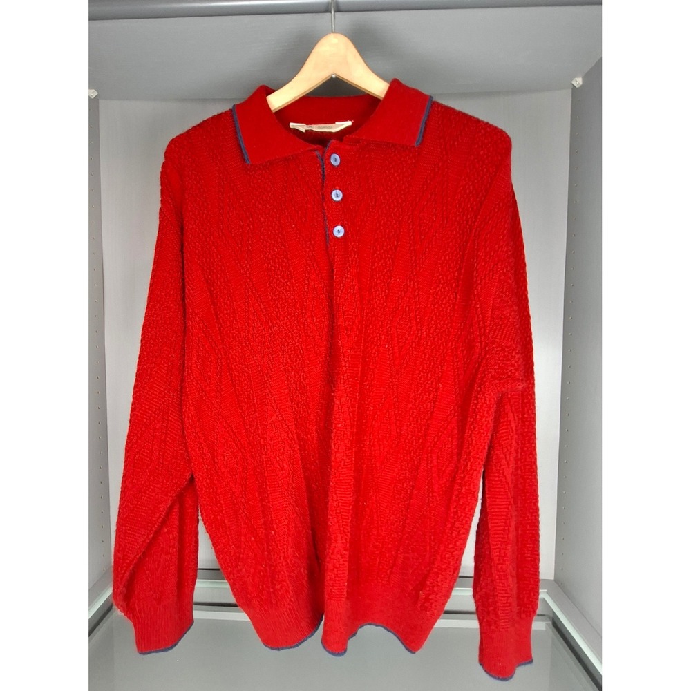 Vintage Haband Red Knit Polo Sweater Mens L Acrylic Made Mexico Grandpa